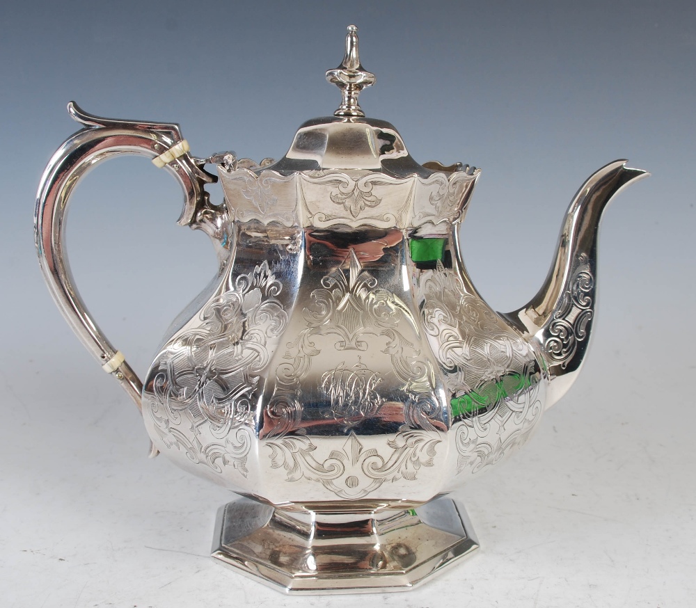 A Victorian silver four piece tea set, Birmingham, 1849 and 1858, makers mark of Elkington & Co., - Image 13 of 28