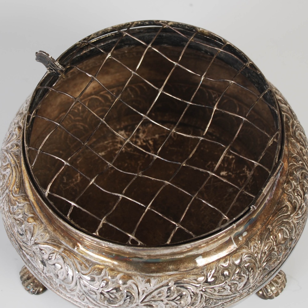 A Middle Eastern white metal rose bowl, the hinged grill with bird head thumb piece, with engraved - Image 4 of 7