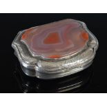 A George II silver cartouche-shaped snuff box, with russet banded agate-set lid within engraved