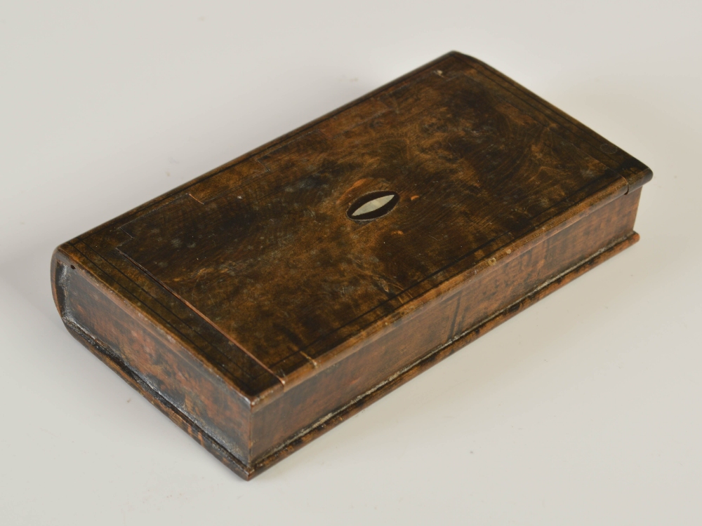 A mid 19th century novelty treen and tortoiseshell veneered snuff box in the form of a book, with