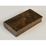 A mid 19th century novelty treen and tortoiseshell veneered snuff box in the form of a book, with