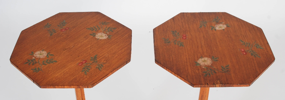 A pair of late 19th/ early 20th century painted satinwood occasional tables, the octagonal shaped - Image 2 of 9