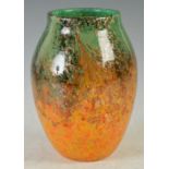 A Monart vase, shape MF, mottled green, black, orange and yellow with gold coloured inclusions, with