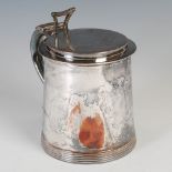 An 18th century Sheffield plate tankard, the hinged cover with bright cut decoration of a ribbon