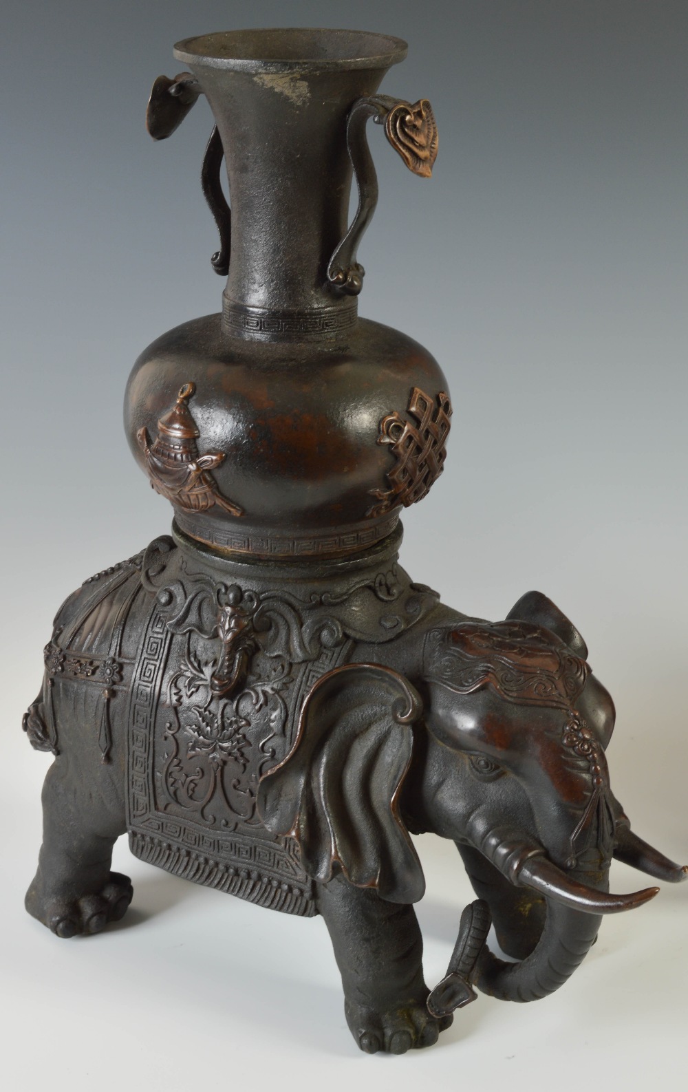 A pair of Chinese bronze elephant incense burners, Qing Dynasty, modelled in two sections, the upper - Image 3 of 6