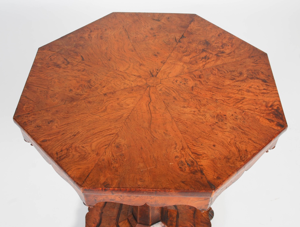 A 19th century burr wood snap-top occasional table, the hinged octagonal top with radiating burr - Image 2 of 8