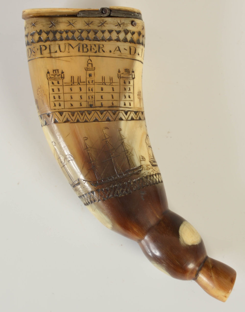 A mid 19th century flattened horn snuff mull, with scrimshaw scenes of Edinburgh and ships at sea, - Image 2 of 4