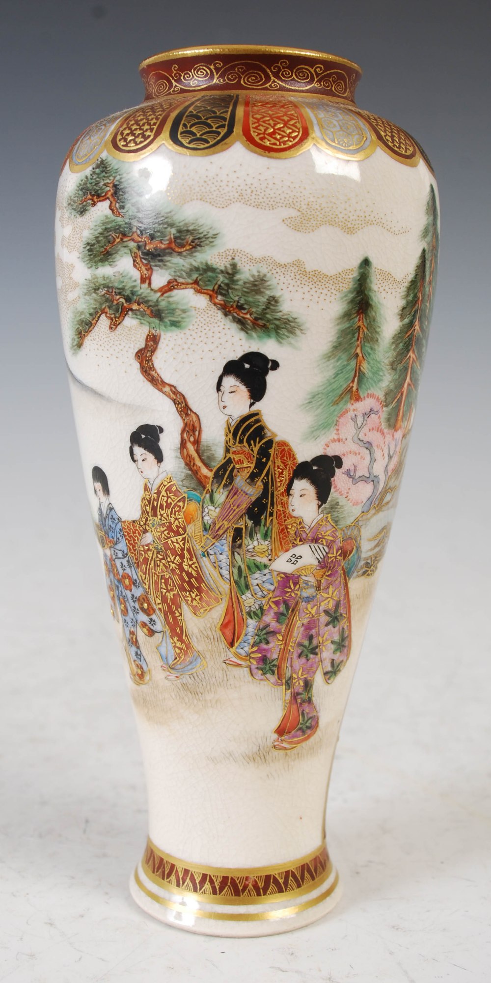 A Japanese Satsuma pottery vase, Meiji Period, finely decorated with a panel of ladies and - Image 5 of 9