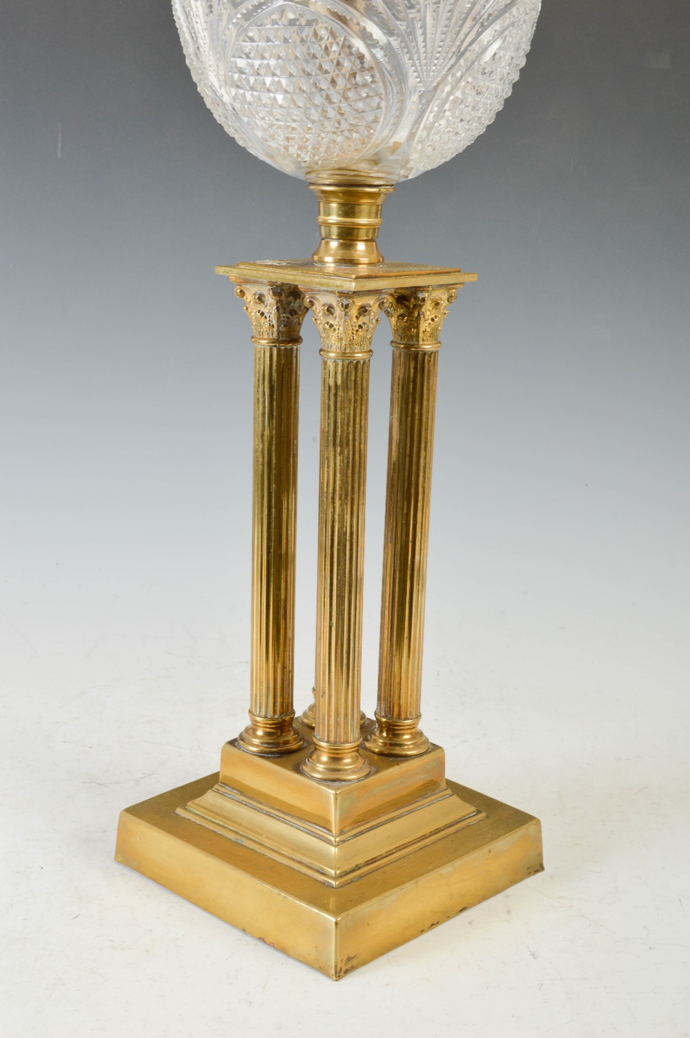 A late 19th/ early 20th century brass Corinthian column oil lamp, with frosted glass shade, the - Image 3 of 3
