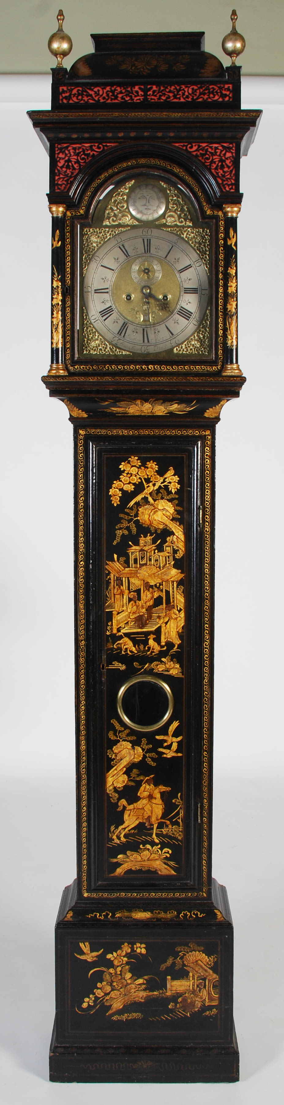 An 18th century black lacquer longcase clock, Joshua Alsop, East Smithfield, the brass dial with