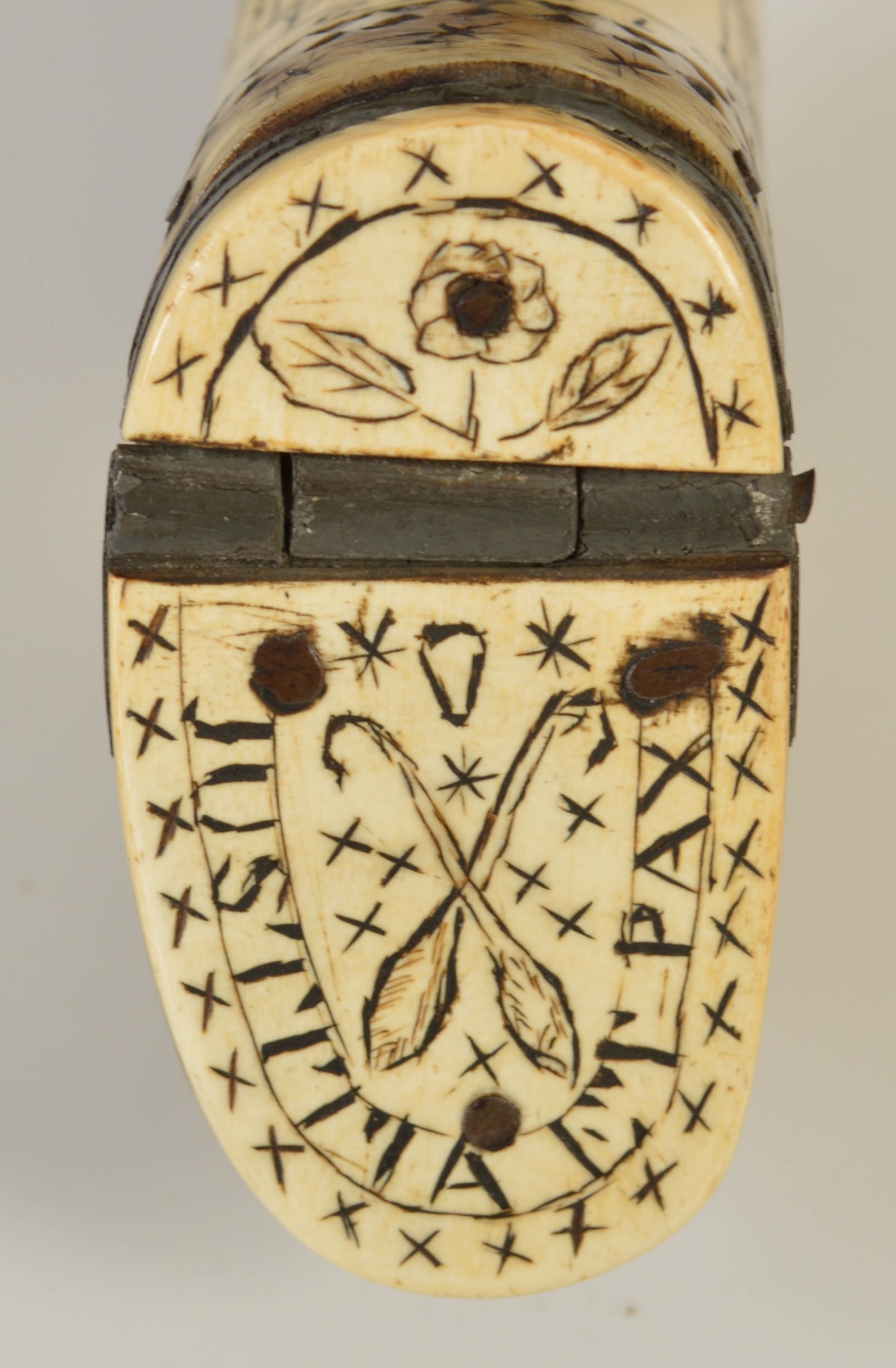 A mid 19th century flattened horn snuff mull, with scrimshaw scenes of Edinburgh and ships at sea, - Image 3 of 4