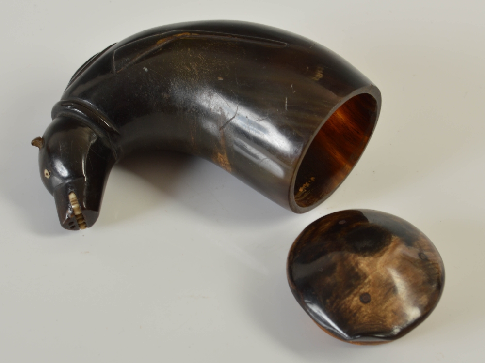 A mid 19th century curled horn snuff mull, in the form of a stylised animal, the head with inset - Image 2 of 4