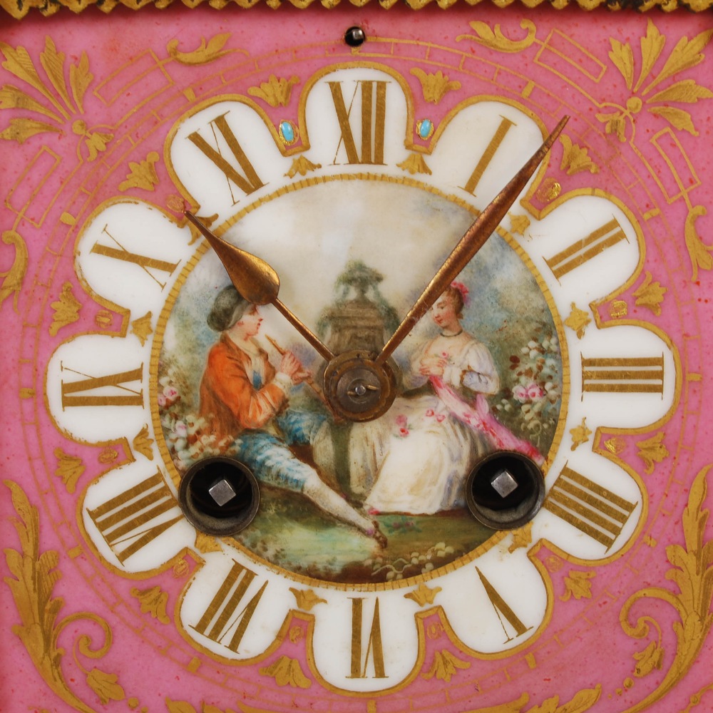 A 19th century ormolu and pink ground porcelain mounted clock garniture, the porcelain dial - Image 2 of 9