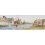S. Sinclair (late 19th century) Thatched cottages, figure, geese and ducks watercolour, signed lower