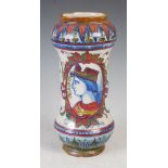 A Continental pottery lustre Albarello jar, decorated with portrait roundel inscribed 'AGRIPPA',