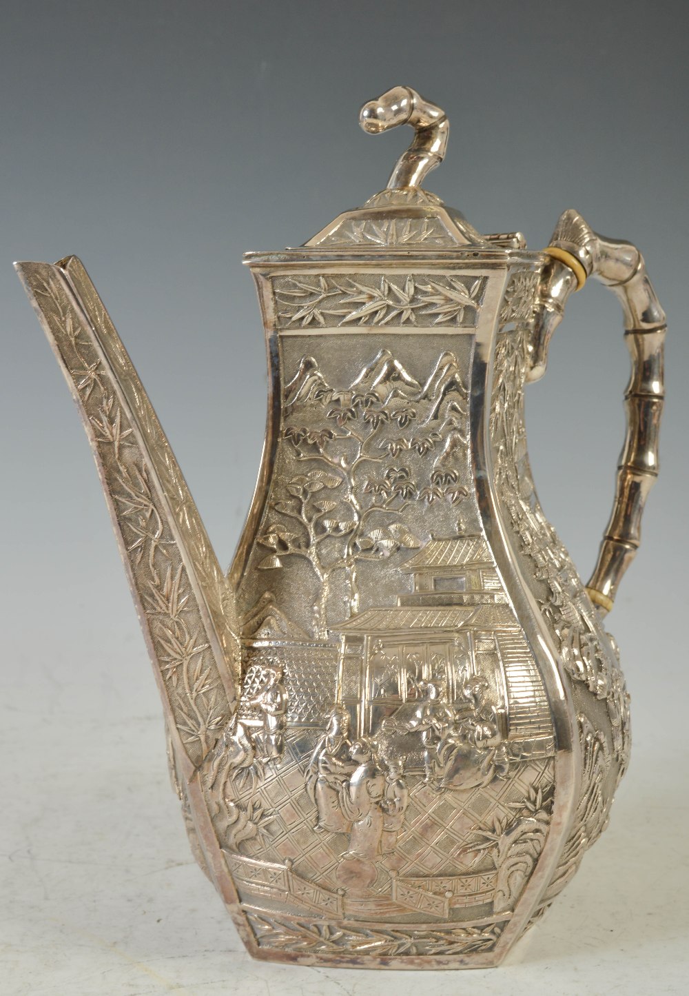 A late 19th century Chinese silver four piece tea and coffee set, WANG HING, lozenge shaped with - Image 5 of 7