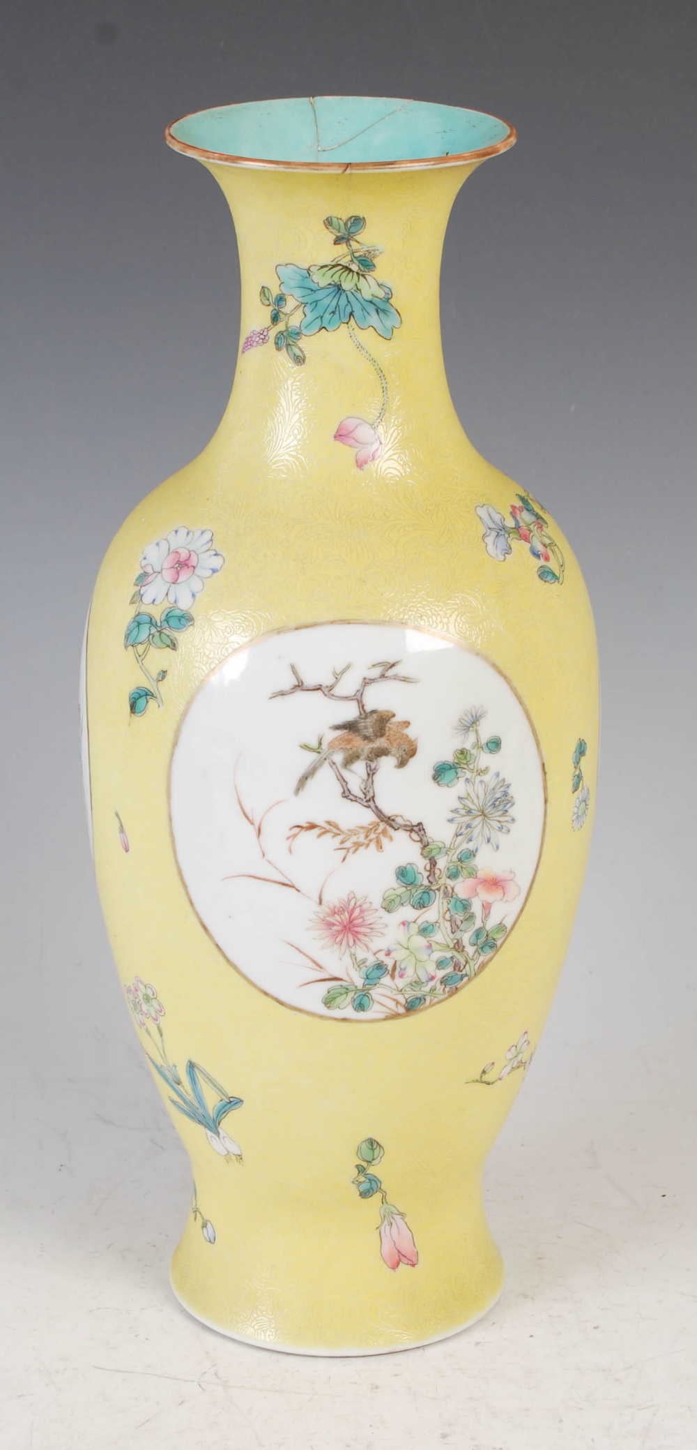 A Chinese porcelain yellow ground famille rose vase, bearing Qianlong seal mark but later, decorated - Image 3 of 11
