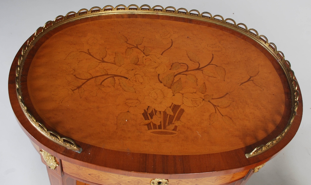 A pair of 20th century rosewood, marquetry and gilt metal mounted occasional tables, the oval-shaped - Image 3 of 9