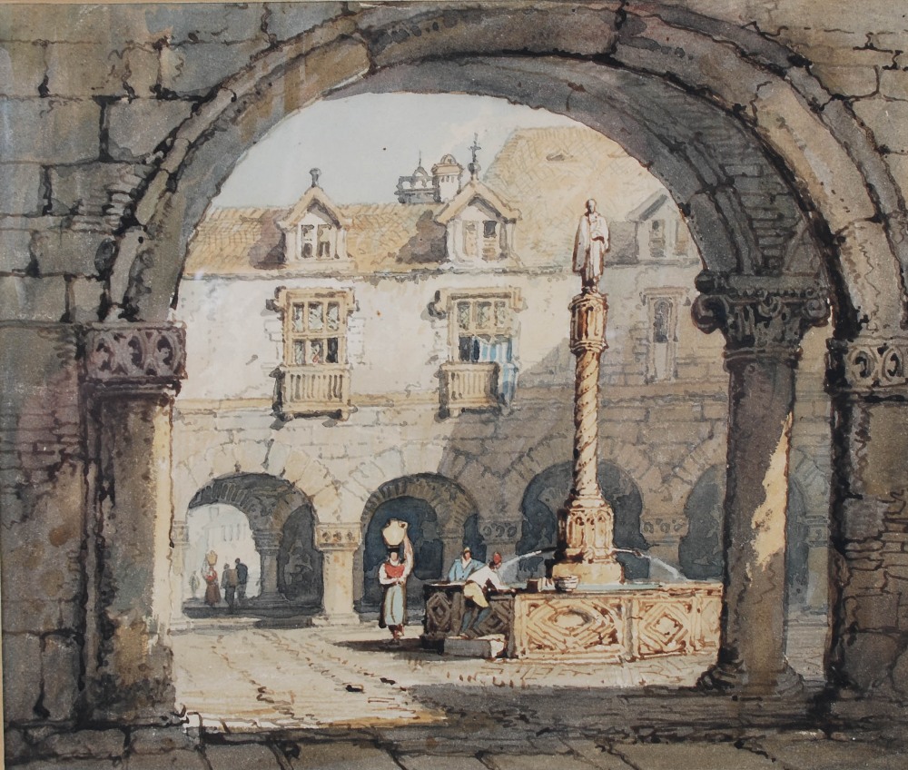 Samuel Prout (1783-1852) Cloisters with fountain and figures watercolour 22cm x 26.5cm