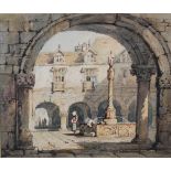 Samuel Prout (1783-1852) Cloisters with fountain and figures watercolour 22cm x 26.5cm