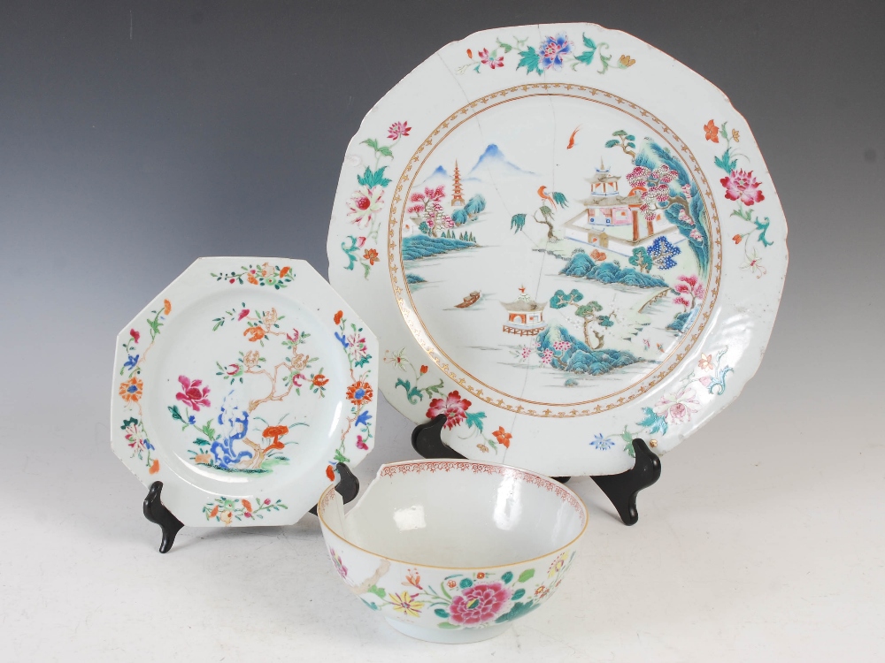 Three pieces of Chinese famille rose porcelain, Qing Dynasty, comprising; a decagon shaped charger