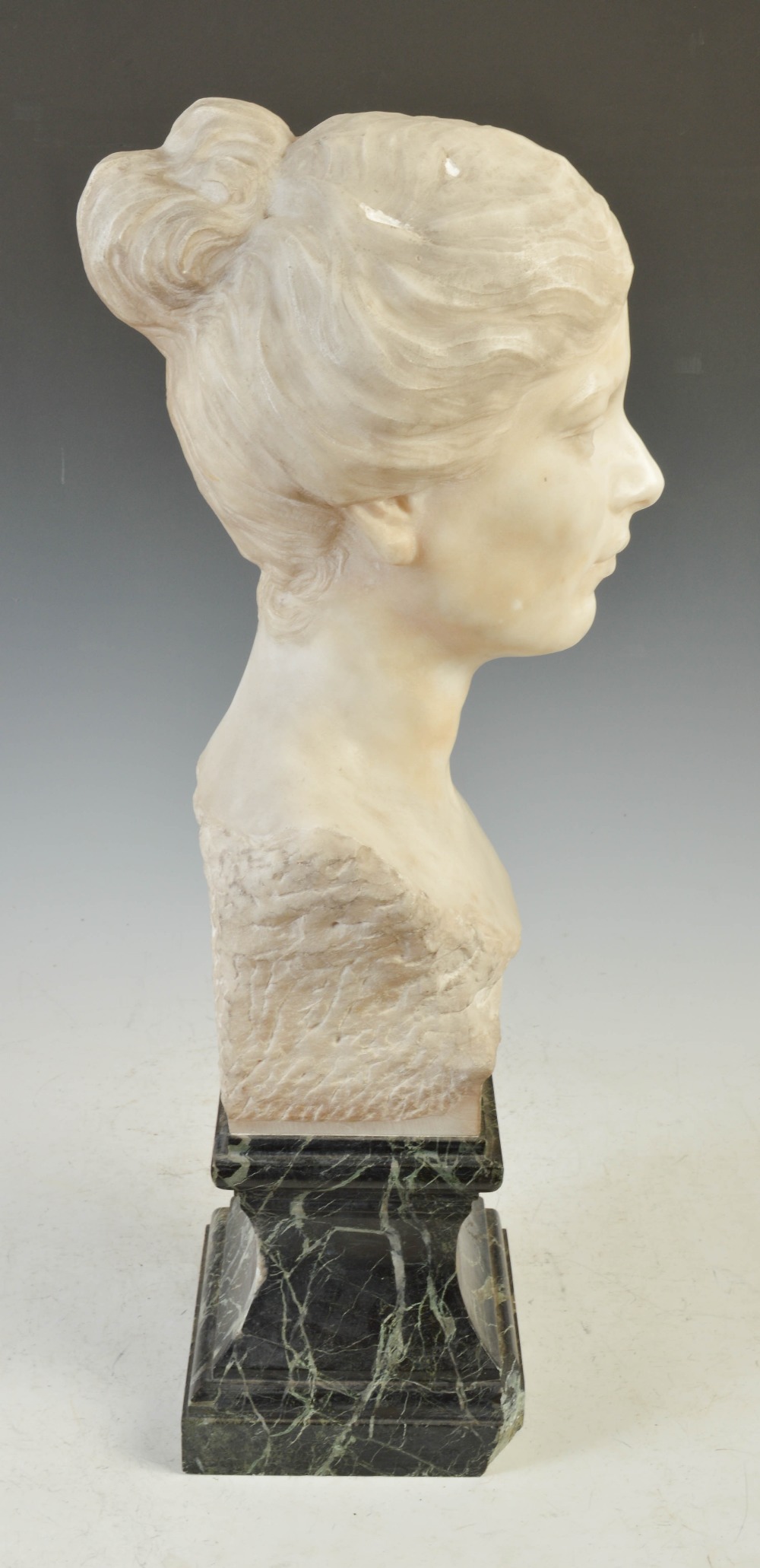 An early 20th century white marble bust of a lady, on green plinth base, 64cm high. - Image 5 of 8