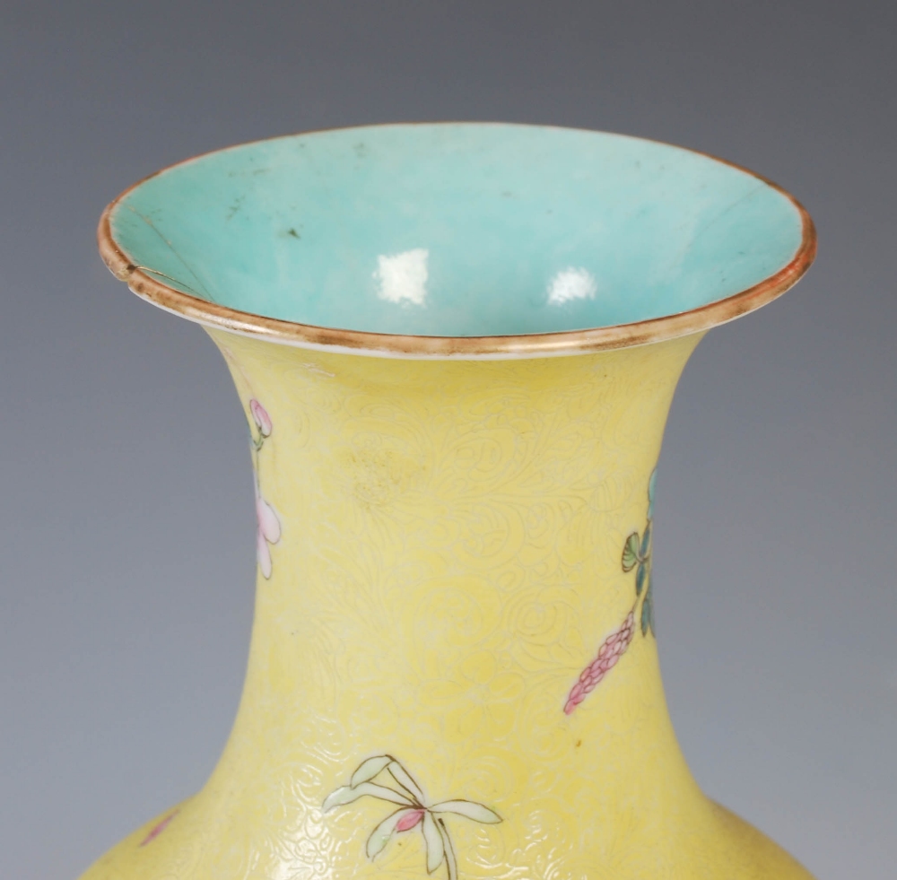 A Chinese porcelain yellow ground famille rose vase, bearing Qianlong seal mark but later, decorated - Image 4 of 11