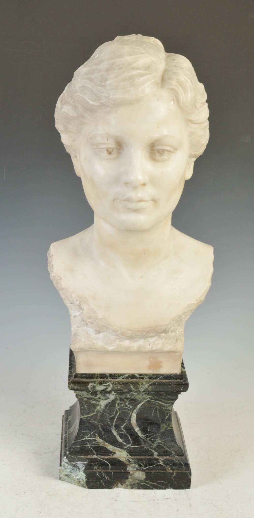 An early 20th century white marble bust of a lady, on green plinth base, 64cm high. - Image 6 of 8