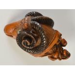 A highly unusual mid 19th century treen snuff mull, carved in the form of a ram's head with darker