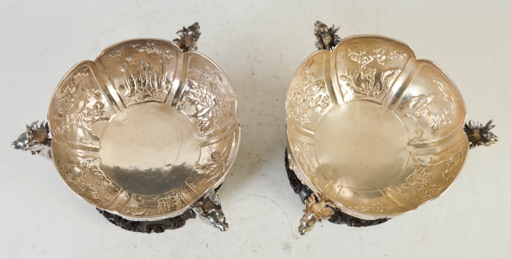 A pair of late 19th century Chinese silver tripod bowls, WANG HING, of shaped hexagonal form with - Image 5 of 9