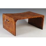 An early 20th century burr walnut bed tray, the rectangular shaped top with slight three quarter