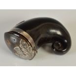 A mid 19th century curly horn snuff mull, with silver thistle mount, the escutcheon with initials '