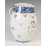 A Chinese porcelain blue and white barrel shaped jug, Qing Dynasty, decorated with ribbon tied