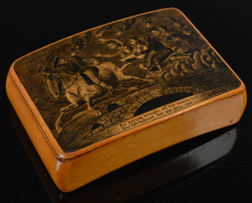 A 19th century Mauchline ware sycamore and penwork curved oblong snuff box, decorated with an