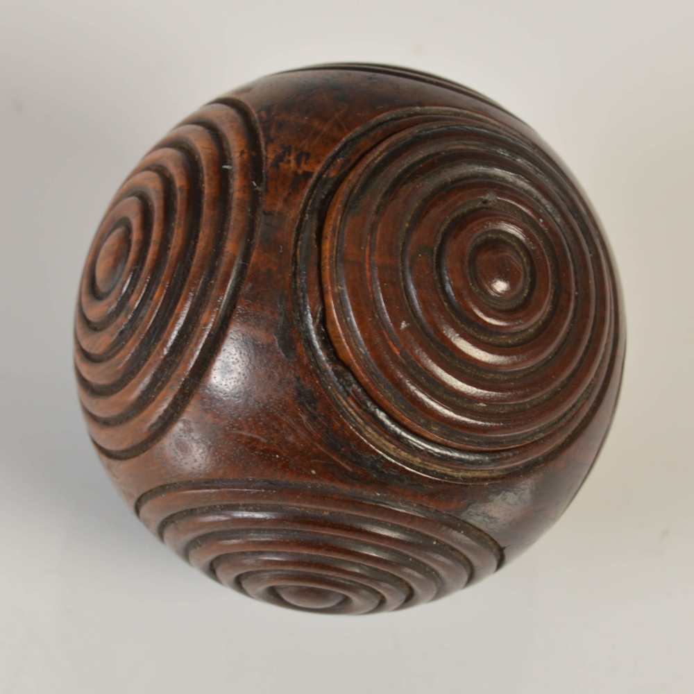 A 19th century novelty treen round puzzle ball snuff box, with six concentric turned circles, one