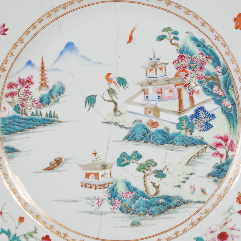 Three pieces of Chinese famille rose porcelain, Qing Dynasty, comprising; a decagon shaped charger - Image 3 of 17