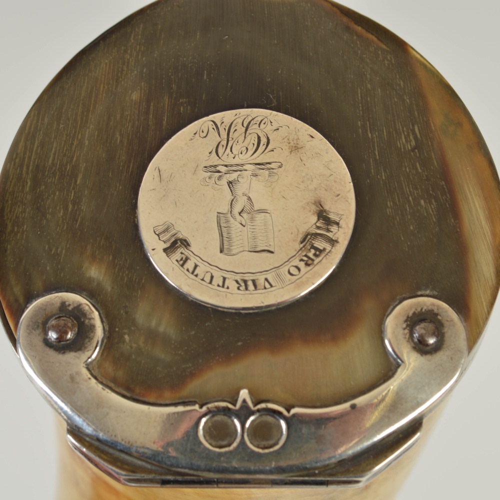 A large early 19th century horn table snuff mull with silver mounts, the collar inscribed 'Presented - Image 2 of 5