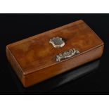 A 19th century yew wood oblong snuff box, with gold shield-shaped escutcheon and foliate thumbpiece,