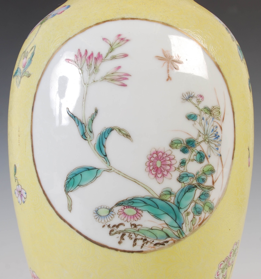 A Chinese porcelain yellow ground famille rose vase, bearing Qianlong seal mark but later, decorated - Image 9 of 11