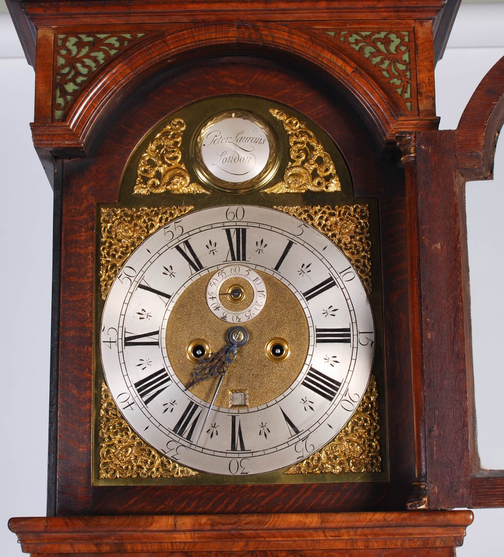 A 17th/ 18th century walnut longcase clock, Peter Laurans, London, the brass dial with silvered - Image 3 of 9