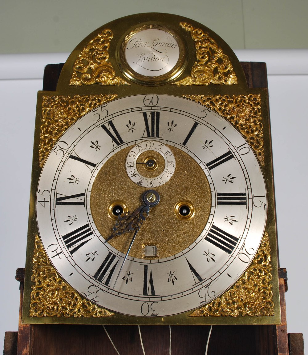 A 17th/ 18th century walnut longcase clock, Peter Laurans, London, the brass dial with silvered - Image 5 of 9