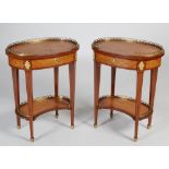 A pair of 20th century rosewood, marquetry and gilt metal mounted occasional tables, the oval-shaped