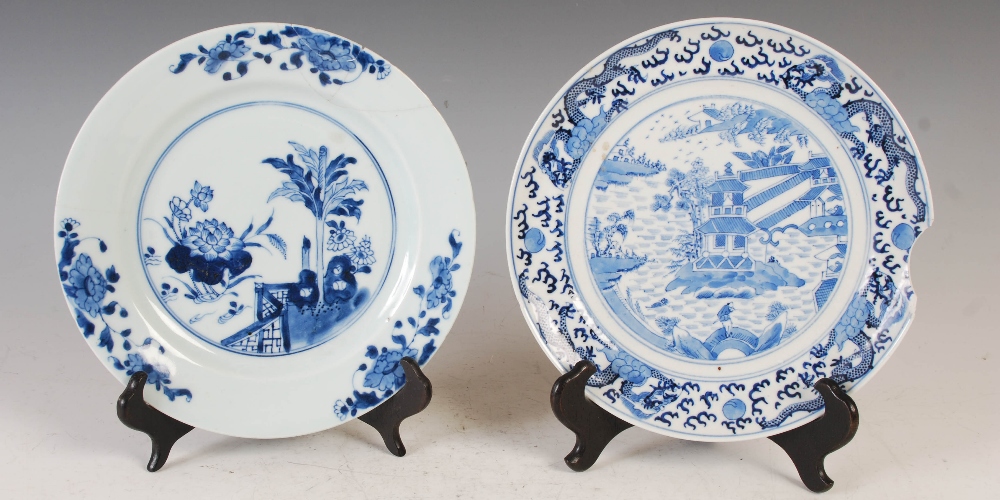 Four Chinese blue and white porcelain plates, Qing Dynasty, comprising; a pair of plates decorated - Image 5 of 9