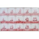 A manganese red Dutch delft fifteen tile panel, in white painted frame, each tile 15cm square,