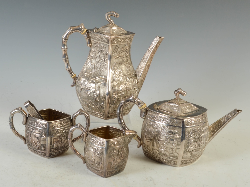 A late 19th century Chinese silver four piece tea and coffee set, WANG HING, lozenge shaped with - Image 2 of 7