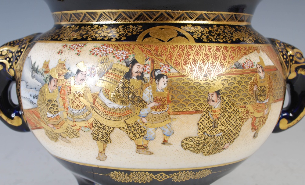 A Japanese Satsuma pottery blue ground twin handled bowl/ koro and cover, Meiji Period, decorated - Image 8 of 11
