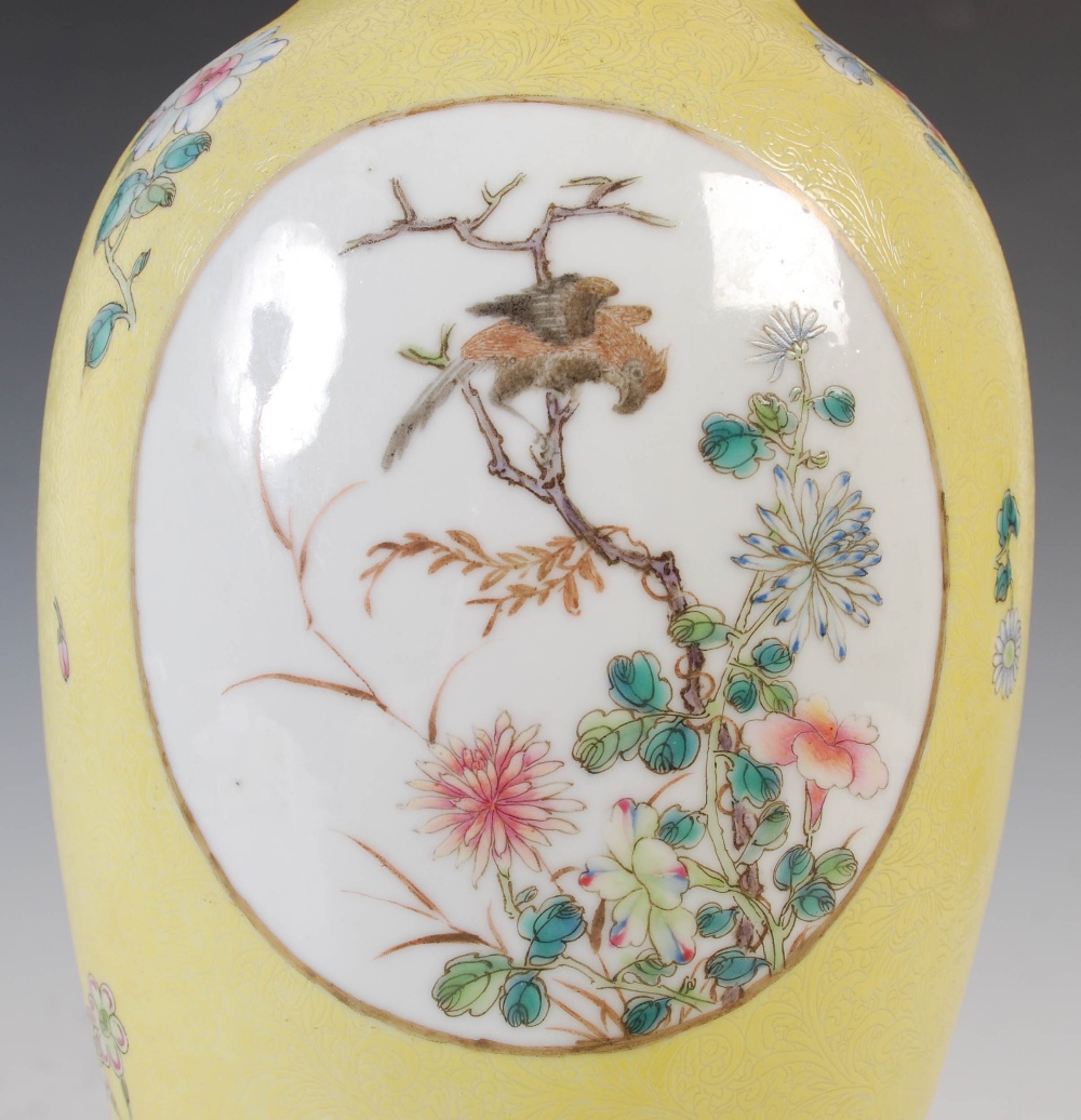 A Chinese porcelain yellow ground famille rose vase, bearing Qianlong seal mark but later, decorated - Image 7 of 11