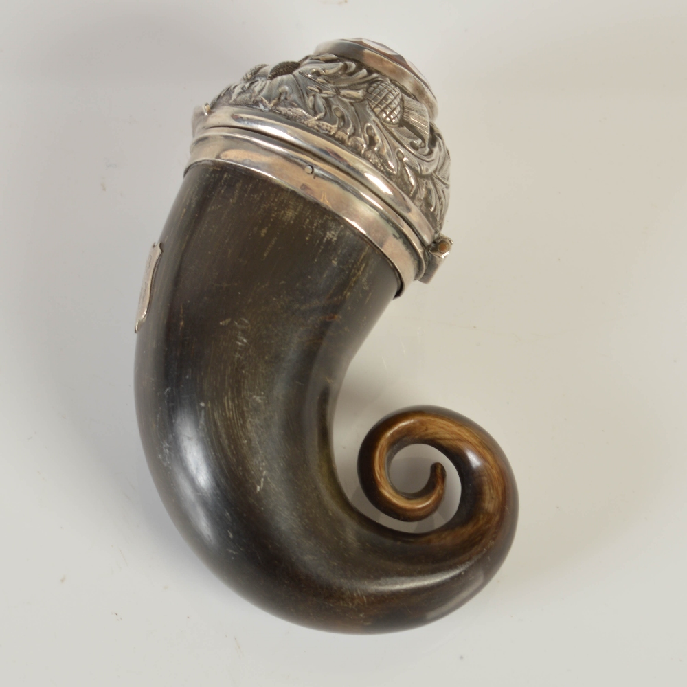 A mid 19th century curly horn snuff mull with silver mounts, embossed with thistles and set with a - Image 2 of 3