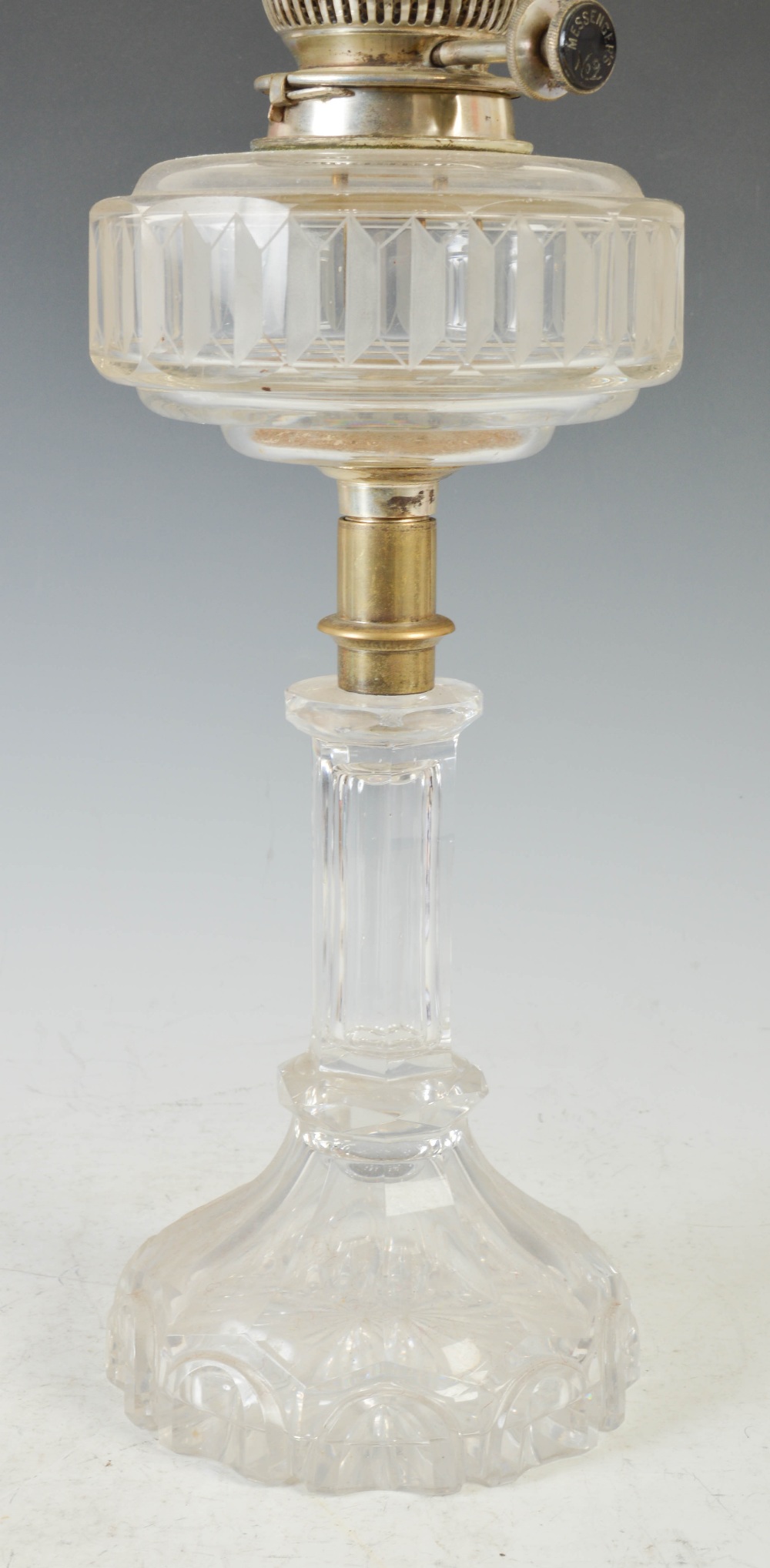 A late 19th/ early 20th century white metal mounted glass oil lamp, with frosted glass shade, the - Image 3 of 3