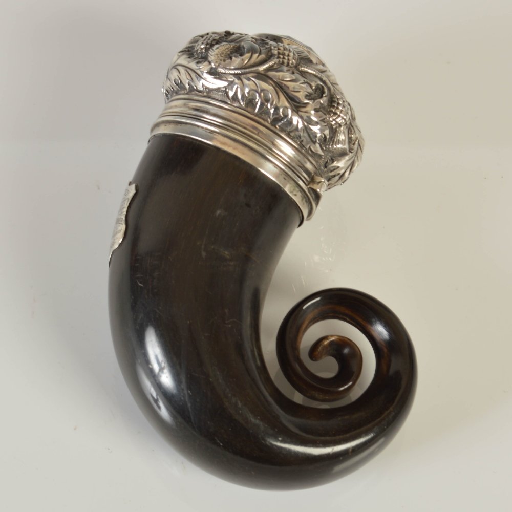 A mid 19th century curly horn snuff mull, with domed silver mount chased with thistles and set - Image 2 of 4